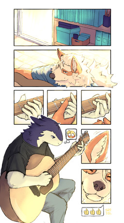 5_fingers acoustic_guitar anthro bottomwear clothing duo fingers fluffy fur guitar male mane musical_instrument playing_guitar playing_music plucked_string_instrument sitting smile string_instrument tan_body tan_fur topwear sreyel nintendo pokemon arcanine generation_1_pokemon generation_2_pokemon pokemon_(species) typhlosion 2026 absurd_res comic hi_res