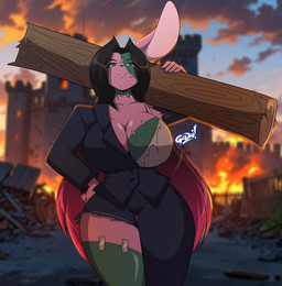 anthro big_breasts black_nose breasts castle female frankenstein_costume fur hair log long_hair mature_anthro mature_female pink_body pink_fur rabbit_ears solo wood mastergodai rascals kyoko_usagi lagomorph leporid mammal rabbit