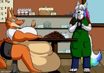 anthro bakery belly belly_overhang big_belly big_breasts bottomwear breasts cafe cake chair clothed clothing cookie dessert detailed_background duo eating eyewear female food fruit_cake fur furniture glasses heterochromia inside looking_at_another obese on_chair orange_body orange_fur overweight overweight_anthro overweight_female pastry pie pink_nose pumpkin_pie shirt shorts sitting sitting_on_chair sweets text topwear torn_bottomwear torn_clothing torn_shorts harikuran dreamworks the_bad_guys diane_foxington hari_(harikuran) canid canine fox mammal absurd_res english_text hi_res