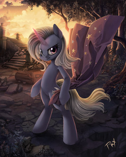 anthro biped cape clothing column cutie_mark female flower glowing grass hair horn looking_at_viewer magic outside plant purple_eyes solo stairs standing sunset tree white_hair ponykillerx friendship_is_magic hasbro my_little_pony mythology trixie_(mlp) equid equine mammal mythological_creature mythological_equine unicorn 2014 hi_res