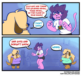 3_toes 4_fingers ahoge anthro barefoot blonde_hair bodily_fluids bottomwear breasts brown_body brown_fur chest_tuft cleavage clone clothed clothing cute_fangs dialogue fangs feet female fingers fur furniture group hair half-closed_eyes inside lamp long_hair narrowed_eyes open_mouth pink_body pink_fur purple_hair red_eyes shirt short_hair shorts sofa speech_bubble standing sweat t-shirt teeth text text_on_clothing text_on_shirt text_on_topwear toes topwear tuft walking anaugi ello_(anaugi) penny_(anaugi) canid canine canis domestic_cat domestic_dog felid feline felis mammal 2020 comic english_text hi_res url