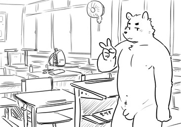 anthro backpack balls black_nose chair classroom desk fist flaccid foreskin front_view furniture genitals gesture hand_gesture inside male navel nipples nude penis public school solo standing table v_sign window jeck bear mammal hi_res line_art monochrome