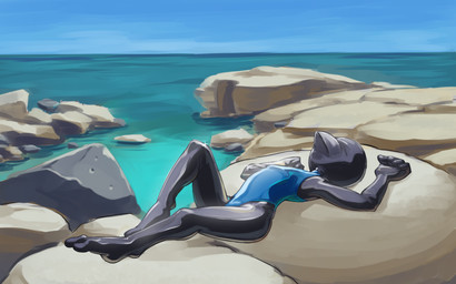 ambiguous_gender anthro beach clothing latex latex_clothing latex_mask latex_skinsuit lying mask on_back one-piece_swimsuit rock skinsuit solo sunbathing swimwear tight_clothing water owy