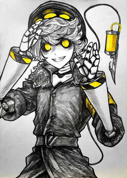 4_fingers black_sclera clothed clothing fingers hair hat hazard_stripes headgear headwear machine male mechanical_arm not_furry short_hair solo tail topwear white_body yellow_eyes m4skedboi glitch_productions murder_drones n_(murder_drones) android disassembly_drone humanoid robot robot_humanoid tailed_humanoid hi_res