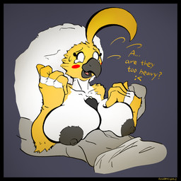 anthro areola beady_eyes beak big_breasts black_border blush bodily_fluids border breast_play breasts clothed clothing curvy_figure duo faceless_character faceless_male feathers female female_focus genital_fluids genitals glans hair humanoid_genitalia humanoid_penis long_hair male male/female nipples non-mammal_breasts non-mammal_nipples nude patterns penis precum red_cheeks sex shirt shocked side_view simple_background solo_focus sweat text titfuck topwear voluptuous white_body white_hair wings worried yellow_body forbiddenknights2 sirphilliam anon mango_the_parrot avian bird parrot 1:1 2018 hi_res