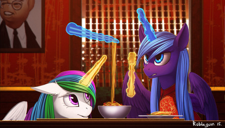 blue_body blue_feathers blue_hair chopsticks cutie_mark cutlery duo eating feathered_wings feathers female feral food fork hair horn kitchen_utensils long_hair magic multicolored_hair noodles tools white_body white_feathers wings rublegun friendship_is_magic hasbro my_little_pony mythology princess_celestia_(mlp) princess_luna_(mlp) equid equine mammal mythological_creature mythological_equine winged_unicorn 2015 hi_res sibling_(lore) sister_(lore) sisters_(lore)