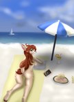 anthro beach beverage boat breasts brown_body brown_eyes brown_fur brown_hair cellphone clothing cloud day drinking_straw electronics female fur genitals hair hat headgear headwear hooves long_hair looking_at_viewer lying nude phone pussy sailing_boat sailing_watercraft sea seaside side_boob sky smartphone solo spots vehicle water watercraft wenqu0304 doe_(alfa995) deer mammal 2023 absurd_res digital_media_(artwork) hi_res