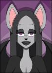 anthro big_ears clothed clothing dark_lipstick eyelashes female fur grey_body grey_clothing grey_fur grey_hair hair lipstick makeup purple_background simple_background solo wings shinragod verona7881 nickelodeon t.u.f.f._puppy the_addams_family lady_malmsteen morticia_addams bat mammal 2019 crossover