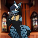 anthro chain cheek_tattoo chest_spike clothing collar confession_booth femboy fishnet_clothing male nun nun_outfit solo spikes spikes_(anatomy) studded_collar studs tattoo rhode_arts nintendo pokemon rhode_(rhode_arts) generation_4_pokemon lucario pokemon_(species) 1:1