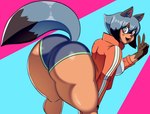 anthro big_butt blue_body blue_eyes blue_hair breasts brown_body brown_fur butt clothed clothing female fluffy fluffy_tail fur gesture hair hand_gesture huge_thighs looking_at_viewer solo tail thick_thighs topwear v_sign wide_hips cherryfox73 brand_new_animal studio_trigger michiru_kagemori canid canine mammal raccoon_dog tanuki