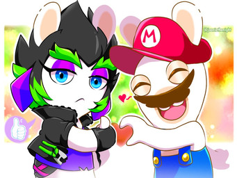 anthro belt belt_buckle black_clothing black_handwear black_jacket black_mittens black_topwear blue_clothing blue_eyes blue_overalls brown_facial_hair brown_mustache buckle buckteeth closed_frown clothed clothed_anthro clothed_female clothed_male clothing colorful_background duo eyebrows eyelashes eyes_closed facial_hair female frown fur gesture green_belt green_eyebrows green_hair hair half-closed_eyes hand_gesture handwear happy hat headgear headwear heart_gesture heart_symbol jacket light long_ears long_eyelashes male mitten_hands mittens mouth_closed multicolored_body multicolored_hair mustache narrowed_eyes noseless open_belt open_clothing open_jacket open_mouth open_smile open_topwear overalls pink_tongue purple_clothing purple_eyelids purple_shirt purple_topwear red_clothing red_hat red_headwear shirt shirtless_anthro shirtless_male smile speech_bubble spiky_hair tan_body tan_eyelids tan_inner_ear tan_skin teeth thumbs_up tongue topwear torn_clothing torn_shirt torn_topwear two_tone_body two_tone_hair white_body white_fur jooniethenight mario_bros mario_plus_rabbids_kingdom_battle mario_plus_rabbids_sparks_of_hope nintendo raving_rabbids rayman_(series) ubisoft edge_(mario_plus_rabbids) rabbid_mario lagomorph mammal rabbid 2023 4:3 colored crossover digital_drawing_(artwork) digital_media_(artwork) english_description lighting shaded signature