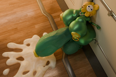 :3 anthro balls big_balls big_breasts big_penis black_sclera bodily_fluids breasts cum cum_on_ground cum_puddle floor flower for_a_head genital_fluids genitals golden_piercing green_body gynomorph huge_balls huge_breasts huge_penis hyper hyper_balls hyper_genitalia hyper_penis inside intersex jewelry looking_at_viewer multicolored_penis necklace nipple_piercing nipple_ring nipples penis piercing plant ring_piercing silly_face solo white_eyes wood wood_floor yellow_nipples shorksenjoyer undertale undertale_(series) flowey_the_flower mistress_flowey_(jaeblorocks) elemental_creature flora_fauna 3d_(artwork) detailed digital_media_(artwork) hi_res