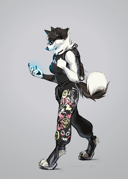 anthro black_body black_clothing black_footwear black_fur black_nose black_pawpads black_shirt black_shoes black_topwear bottomwear cellphone claws clothing cute_fangs dipstick_tail ear_piercing electronics eyewear fangs female footwear fur glasses grey_background holding_object holding_phone looking_at_object looking_at_phone markings multicolored_body multicolored_fur pants pawpads phone piercing shirt shoes simple_background smartphone smile snout solo tail tail_markings teeth topwear two_tone_body two_tone_fur walking wearing_glasses white_body white_fur azzai canid canine canis domestic_dog mammal spitz yakutian_laika 2022 colored colored_sketch digital_drawing_(artwork) digital_media_(artwork) shaded sketch
