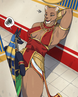 anthro biped breasts clothed clothed_anthro clothed_female clothed_male clothing duo ear_piercing egyptian egyptian_clothing female fingers fur inner_ear_fluff male piercing smile standing teeth tongue tuft nulia egyptian_mythology middle_eastern_mythology mythology elmouti harba anubian_jackal canid canine canis deity felid jackal lion mammal pantherine 2026 digital_drawing_(artwork) digital_media_(artwork) hi_res