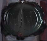 anthro bathroom bathtub belly belly_expansion big_belly big_penis black_body black_fur body_inflation cheek_bulge close_to_bursting expansion fur genitals glowing glowing_eyes huge_belly hyper hyper_belly hyper_inflation immobile inflation liquid_inflation male nude penis red_eyes solo stuck water water_inflation jumpyart69 nazukio kryptid hi_res