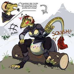 anthro armor big_diaper blush blush_lines bodily_fluids claws clothed clothing diaper embarrassed female full_diaper genital_fluids log object_in_mouth pacifier pacifier_in_mouth sitting soiled_diaper solo squish text unclean_diaper urine used_diaper wearing_diaper wet_diaper wood dirtbandit microsoft the_elder_scrolls keerha argonian humanoid scalie 1:1 english_text hi_res