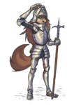 anthro armor besagew bevor black_nose breastplate brown_body brown_eyes brown_fur brown_hair chainmail cheek_tuft chin_strap clothed clothing couter cuirass cuisse facial_piercing facial_tuft faulds female female_anthro full_armor fully_clothed fur furgonomics furry-specific_piercing gauntlets gloves gorget hair hammer hand_above_head hand_on_headwear handwear headgear helmet holding_object holding_weapon long_hair looking_aside melee_weapon muzzle_piercing nose_piercing piercing plantigrade plate_armor polearm poleyn raised_arm rerebrace sabatons schynbalds simple_background solo spaulder standing tools tuft vambrace visor warhammer weapon white_background tinygaypirate apogee_(tinygaypirate) canid canine canis domestic_dog mammal spitz 2022 full-length_portrait hi_res portrait