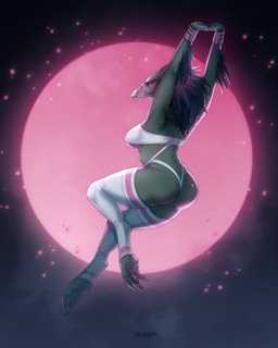 3_fingers 3_toes anthro arm_feathers arm_tuft arms_above_head avian_caruncle beak blep blue_body blue_feathers breasts butt claws clothed clothing contre-jour cuff_bracelet digitigrade feather_hair feathered_crest feathers feet female female_anthro fingers grey_body grey_scales head_crest legwear looking_at_viewer looking_back looking_back_at_viewer non-mammal_breasts pose pseudo_hair pupils rear_view scales sharp_teeth side_boob skimpy slit_pupils solo stockings teeth thigh_highs toe_claws toes tongue tongue_out tuft yellow_eyes aiws halo_(series) microsoft xbox_game_studios alien avian kig-yar scalie t'vaoan 2024 colored hi_res pinup