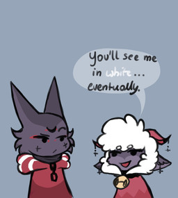 ambiguous_anthro ambiguous_gender anthro bell bell_collar cheek_tuft clothed clothed_anthro clothing collar dialogue duo facial_tuft fur grey_background horn red_clothing simple_background speech_bubble talking_to_another text tuft white_body white_fur white_wool wool_(fur) crow-ig cult_of_the_lamb massive_monster_(studio) lamb_(cult_of_the_lamb) narinder bovid caprine domestic_cat felid feline felis mammal sheep english_text hi_res