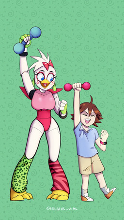 abstract_background accessory age_difference anthro athletic_wear barefoot beak beakstick blue_eyes bottomwear bow_(feature) bow_accessory bow_ribbon bracelet breasts brown_hair claws clock clothed clothing duo ear_piercing ear_ring exercise exercise_clothing exercise_equipment eyelashes eyeliner eyes_closed facial_markings feet female fist footwear furgonomics gloves green_background hair hair_accessory hair_bow hair_ribbon handwear happy head_markings holding_object holding_weights jewelry leggings legwear lipstick looking_aside looking_down machine makeup male markings older_female open_mouth piercing pink_lipstick raised_arm ribbons ring_piercing rockstar shirt shoes short_hair shorts shoulder_guards simple_background size_difference smile socks standing tan_body tan_skin teeth toe_claws tongue topwear watch weights white_body white_hair wide_eyed yellow_beak young young_human young_male younger_male elixir_(artist) five_nights_at_freddy's five_nights_at_freddy's:_security_breach scottgames steel_wool_studios glamrock_chica gregory_(fnaf) animatronic avian bird chicken galliform human mammal phasianid robot 2022 4k 9:16 absurd_res hi_res