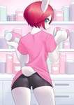 anthro bottomwear butt clothing female fur green_eyes hair holding_object looking_at_viewer looking_back looking_back_at_viewer pink_clothing pink_shirt pink_topwear rear_view red_hair shirt short_hair shorts solo spandex spandex_shorts tight_bottomwear tight_clothing tight_shorts topwear white_body white_fur unousaya lagomorph leporid mammal rabbit 2021