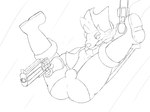 anthro boots bulge butt cigar clothing cowboy_hat footwear gun handgun hat headgear headwear jumping male pistol ranged_weapon shoes smoking solo spade_tail tail weapon vigmarr kings_of_hell gremile_'hotshot' demon imp 2022 hi_res monochrome