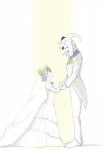 anthro black_sclera bride clothed clothing dress duo female femboy flower fur groom hand_holding horn larger_anthro larger_male male plant simple_background size_difference smaller_female smaller_human wedding_dress wedding_veil white_body white_fur amakagew undertale undertale_(series) asriel_dreemurr_(god_form) chara_(undertale) boss_monster_(undertale) bovid caprine human mammal