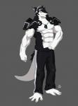 abs anthro armor athletic barefoot belt biceps big_muscles biped black_body black_fur black_hair blue_eyes bottomwear claws clothed clothing electronics feet fur hair headgear headphones headset male muscular muscular_anthro pants pecs science_fiction solo standing tail toe_claws topless visor white_body white_fur plain_white discordnight sergal hi_res