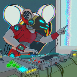 anthro cable colored_nails cybernetics disc_jockey disk ear_tuft earpiece_microphone electronics fur gesture glowing hand_gesture holographic_screen lights machine male musical_note musical_symbol nails pointing protogen_armor protogen_face protogen_visor pushbutton screen screen_face smile solo symbol text tuft white_body daetoyin aries_(daetoyin) cyborg mammal murid murine protogen rat rodent digital_drawing_(artwork) digital_media_(artwork) hi_res
