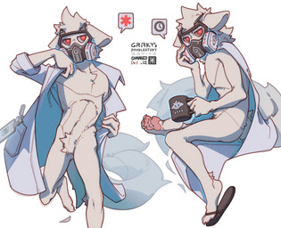 anthro barefoot claws clothing coat container crotch_tuft cup doctor featureless_chest feet flip_flops footwear front_view fur gas_mask holding_container holding_cup holding_mug holding_object lab_coat male mask mug pawpads paws red_eyes running sandals shoes side_view simple_background sitting solo toe_claws topwear tuft white_background white_body white_fur grovintime changed_(video_game) dr._k_(changed) canid canine mammal hi_res