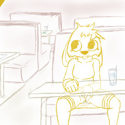 anthro bodily_fluids clothed clothing exhibitionism female genitals legwear masturbation money presenting public public_exposure public_masturbation restaurant simple_background smile solo stealth_masturbation stockings sweat under_table vulva wet knullox verna_floplock lagomorph leporid mammal rabbit 1:1 hi_res