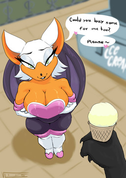 anthro asking bedroom_eyes big_breasts breasts clothing dessert ears_up eyelashes female food green_eyes ice_cream lipstick makeup narrowed_eyes seductive solo suit text thick_thighs wide_hips wings kokol115 sega sonic_the_hedgehog_(series) rouge_the_bat varallo_ballade bat mammal absurd_res english_text hi_res