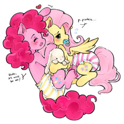 blue_eyes clean_diaper clothed clothing cuddling cutie_mark dialogue diaper duo female female/female feral holding_object holding_plushie mane object_in_mouth pacifier pacifier_in_mouth pink_body pink_mane pink_tail plushie quadruped tail text wearing_diaper wings yellow_body omufujofish friendship_is_magic hasbro my_little_pony mythology fluttershy_(mlp) pinkie_pie_(mlp) earth_pony equid equine horse mammal mythological_creature mythological_equine pegasus pony 1:1 digital_drawing_(artwork) digital_media_(artwork) english_text hi_res