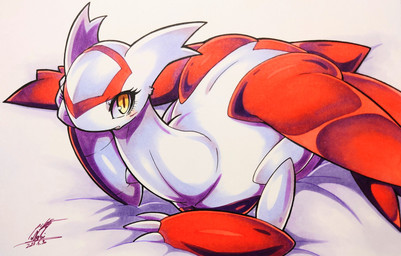 ambiguous_gender bed blush blush_lines claws eyelashes feral furniture looking_at_viewer lying multicolored_body on_bed on_front open_mouth solo two_tone_body yellow_eyes 025aki nintendo pokemon generation_3_pokemon latias legendary_pokemon pokemon_(species) 2025 absurd_res dated hi_res signature female_(lore)