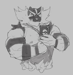 after_exercise anthro athletic_wear barazoku biceps bodily_fluids clothing electronics fur grin male muscular muscular_anthro muscular_arms muscular_male nipples pecs phone shirt smile solo stripes sweat taking_picture taking_selfie tank_top topwear 0rang3 nintendo pokemon felid generation_7_pokemon incineroar mammal pantherine pokemon_(species) tiger hi_res monochrome