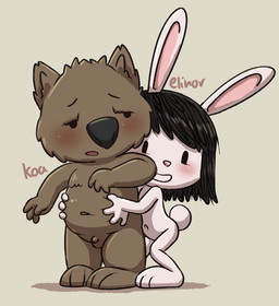 3_toes 4_fingers anthro balls behind_another belly_grab black_hair black_nose blush brown_body brown_fur cotton_tail duo embarrassed feet female fingers fur genitals hair half-closed_eyes loli male male/female narrowed_eyes nude open_mouth paws penis pink_nose shota slightly_chubby small_balls small_penis smile standing toes white_body white_fur young young_on_young polygon5 elinor_wonders_why pbs elinor_rabbit koa koala lagomorph leporid mammal marsupial rabbit vombatiform