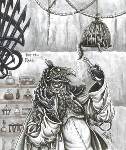 anthro beak clothed clothing elderly fangs fully_clothed gown laboratory multi_limb renaissance_clothing scientist solo teeth skekla_(artist) the_dark_crystal skektek_the_scientist alien skeksis 2021 english_description hi_res signature herm_(lore)