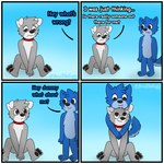 4_panel_comic anthro biped black_eyes black_nose black_pawpads blue_body blue_ears blue_fur blue_hair blue_tail border chest_tuft collar dialogue duo floppy_ears fur grey_body grey_fur grey_hair grey_tail hair male monotone_hair multicolored_body multicolored_fur pawpads tail text tuft two_tone_body two_tone_fur two_tone_tail white_body white_border white_ears white_fur white_tail broitscody cody_(broitscody) logan_(broitslogan) canid canine canis domestic_dog husky mammal nordic_sled_dog spitz wolf 1:1 2021 comic english_text hi_res watermark