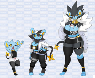 3_toes anthro big_breasts blue_body bottomwear breasts cleavage clothed clothing evolutionary_family feet female group hat headgear headwear jacket legwear pants pokeball pokemorph premier_ball shirt shorts skirt stockings tail toes topwear trio yellow_eyes urusee584 nintendo pokemon generation_4_pokemon luxio luxray pokemon_(species) shinx absurd_res hi_res