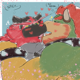 anthro arm_hair armband barazoku beard black_body black_fur blush bodily_fluids body_hair bracelet chest_hair duo facial_hair fangs french_kissing fur green_body green_scales grey_body grey_fur horn jewelry kiss_mark kissing male male/male muscular muscular_anthro muscular_male nude red_body red_fur saliva scales spiked_armband spiked_bracelet spikes teeth text tongue tongue_out yellow_body yellow_scales zordykeaboo mario_bros nintendo pokemon bowser felid feline generation_7_pokemon incineroar koopa mammal pantherine pokemon_(species) reptile scalie tiger crossover english_text hi_res