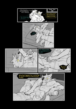 anthro bodily_fluids boxer_briefs bulge bulge_rubbing clothing dialogue erection feet foot_fetish foot_lick foot_on_crotch foot_play foreskin furniture genital_fluids genitals licking male male/male muscular musk pawpads penis penis_poking_out precum saliva scar slightly_chubby sofa tail text tongue underwear asdfgh01 canid canine canis coyote fox mammal absurd_res comic english_text hi_res