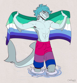 anthro bisexual_pride_colors blue_hair clothing elbow_fin eyes_closed fin flag flag_(object) gills grey_body hair holding_flag holding_object knee_deep lgbt_pride male muscular muscular_anthro muscular_male pride_color_clothing pride_color_flag pride_colors smile solo tail tail_fin vincian_pride_colors cherirumiko lgbt_pride_month aquatic fish shark absurd_res flat_colors hi_res