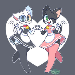4_fingers anthro bell bell_collar black_body black_clothing black_eyebrows black_fur black_legwear black_thigh_highs closed_smile clothing collar dipstick_tail duo eyebrows eyelashes female femboy fingers fur gloves gloves_(marking) green_eyes grey_background handwear heart_symbol heterochromia legwear logo looking_at_viewer maid_uniform male markings mouth_closed multicolored_body multicolored_fur on_one_leg one_eye_closed open_mouth open_smile pink_clothing pink_collar pink_inner_ear pink_legwear pink_nose pink_thigh_highs raised_arms raised_eyebrows red_collar simple_background smile standing tail tail_markings text thigh_highs uniform white_body white_fur aiyhav_nouneim meloncholy_(aiyhav_nouneim) neko_obama_(aiyhav_nouneim) domestic_cat felid feline felis mammal 1:1 2021 artist_logo artist_name