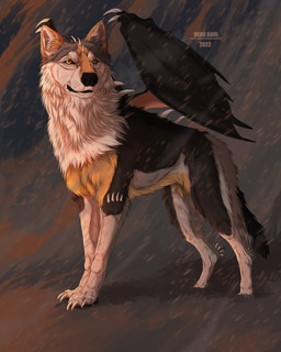 ambiguous_gender black_body black_fur black_lips black_nose feral fur grey_wings lips membrane_(anatomy) membranous_wings mouth_closed pink_wings side_view solo text white_body white_fur wings yellow_body yellow_eyes yellow_fur msdeadsoul miri_(mirivargus) canid canine mammal 2022 4:5 artist_name dated english_text hi_res