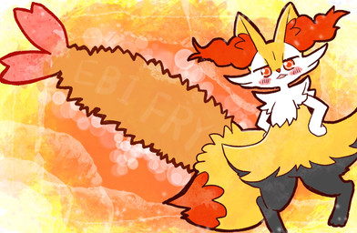 ambiguous_anthro ambiguous_gender anthro biped blush digitigrade dipstick_tail dutch_angle food front_view hands_on_hips looking_at_viewer markings open_:3 open_mouth shrimp_(food) solo standing tail tail_markings annyui0611 nintendo pokemon braixen canid generation_6_pokemon mammal pokemon_(species) 2022 digital_drawing_(artwork) digital_media_(artwork) full-length_portrait hi_res japanese_description portrait translated_description