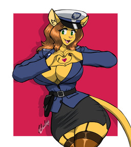 anthro belt belt_buckle belt_pouch bottomwear breasts brown_hair buckle clothing ears_down eyebrows female fur green_eyes hair hat headgear headwear heart_symbol open_mouth pivoted_ears poland police police_hat police_officer police_uniform polish_people's_republic skirt smile smiling_at_viewer solo teeth teeth_showing tongue uniform wearing_hat yellow_body yellow_fur chisheq aneta_(chisheq) domestic_cat felid feline felis mammal hi_res