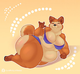 5_fingers anthro belly belly_overhang big_belly big_breasts big_butt bikini bikini_pull black_nose breasts butt clothing clothing_pull eyes_closed female fingers fur huge_belly huge_breasts huge_butt huge_hips huge_thighs lying mouth_closed multicolored_body multicolored_fur on_side orange_body orange_fur overweight overweight_anthro overweight_female purple_bikini purple_clothing purple_swimwear side_butt solo swimwear swimwear_pull tail thick_thighs two-piece_swimsuit wide_hips yellow_body yellow_fur tina-little-bird canid canine canis domestic_dog mammal shiba_inu spitz hi_res