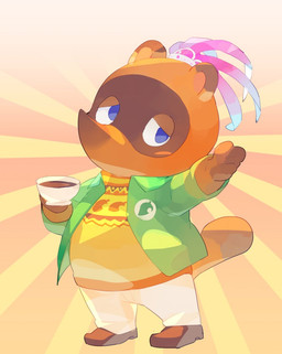 anthro beverage blue_eyes bottomwear brown_body brown_fur chibi clothing coffee fur kemono male overweight overweight_anthro overweight_male pants solo sweater topwear masshiro animal_crossing nintendo tom_nook_(animal_crossing) canid canine mammal raccoon_dog tanuki 2021 hi_res