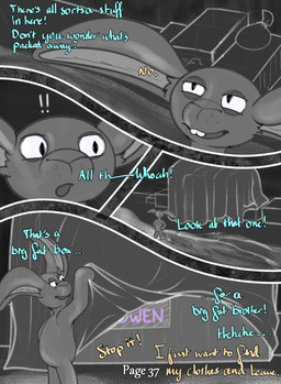 anthro bag bedding blanket bodily_fluids box buckteeth chest_(container) close-up container cum cum_pool dialogue duo exclamation_point genital_fluids half-closed_eyes hands_on_hips hands_on_own_hips inside long_ears looking_at_object male narrowed_eyes offscreen_character offscreen_male plushie question question_mark rear_view surprised teeth text three-quarter_view writing_on_object young young_anthro young_male dasherslash andy_(dasherslash) animate_inanimate living_plushie mammal mustelid otter 2026 comic digital_media_(artwork) english_text hi_res monochrome