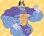 abs anthro barazoku biceps big_bulge big_muscles big_nipples big_pecs bone bulge clothing daddy_kink eyebrows fur huge_bulge huge_muscles huge_pecs huge_thighs hyper hyper_bulge hyper_muscles hyper_thighs ineffective_clothing looking_down male manly muscular muscular_anthro muscular_male navel nipples obliques open_mouth open_smile pattern_background pecs purple_clothing quads shirt simple_background smile solo standing teeth text text_on_clothing text_on_shirt text_on_thong text_on_topwear text_on_underwear thick_thighs thong tight_clothing tongue topwear triceps tuft underwear yellow_background remert bluey_(series) bandit_heeler australian_cattle_dog canid canine canis cattledog domestic_dog herding_dog mammal pastoral_dog 2022 absurd_res english_text hi_res